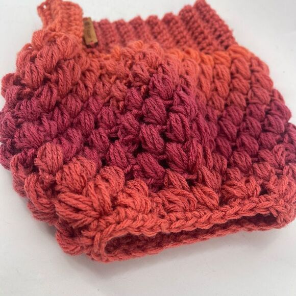 Handmade Napper bun beanie ponytail stocking cap one size NEW orange red - Picture 7 of 10